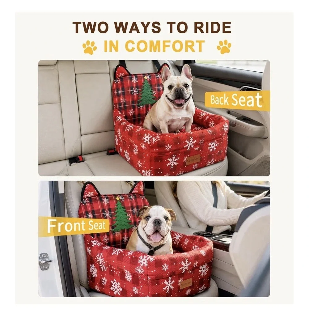 CABZOON Dog Booster Car Seat, Small, Up to 35 lbs, Red Plaid Snowflake[CLT]